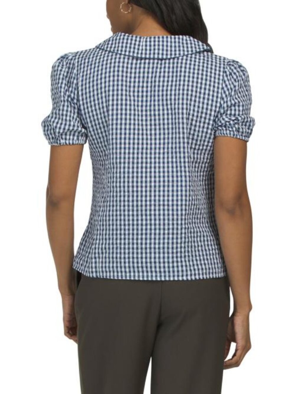 LIV LOS ANGELES Gingham Short Puff Sleeve Top With Collar And Tie Detail - Picture 2 of 5